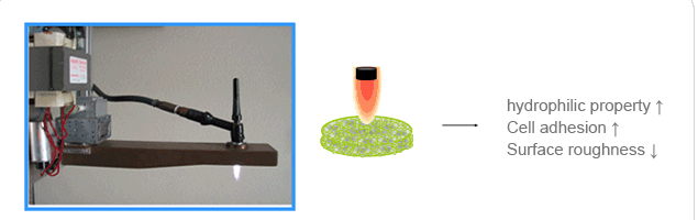 대기압 plasma 표면처리 장치 및 효과 (hydrophilic property↑, cell adhesion↑, surface roughness↓)